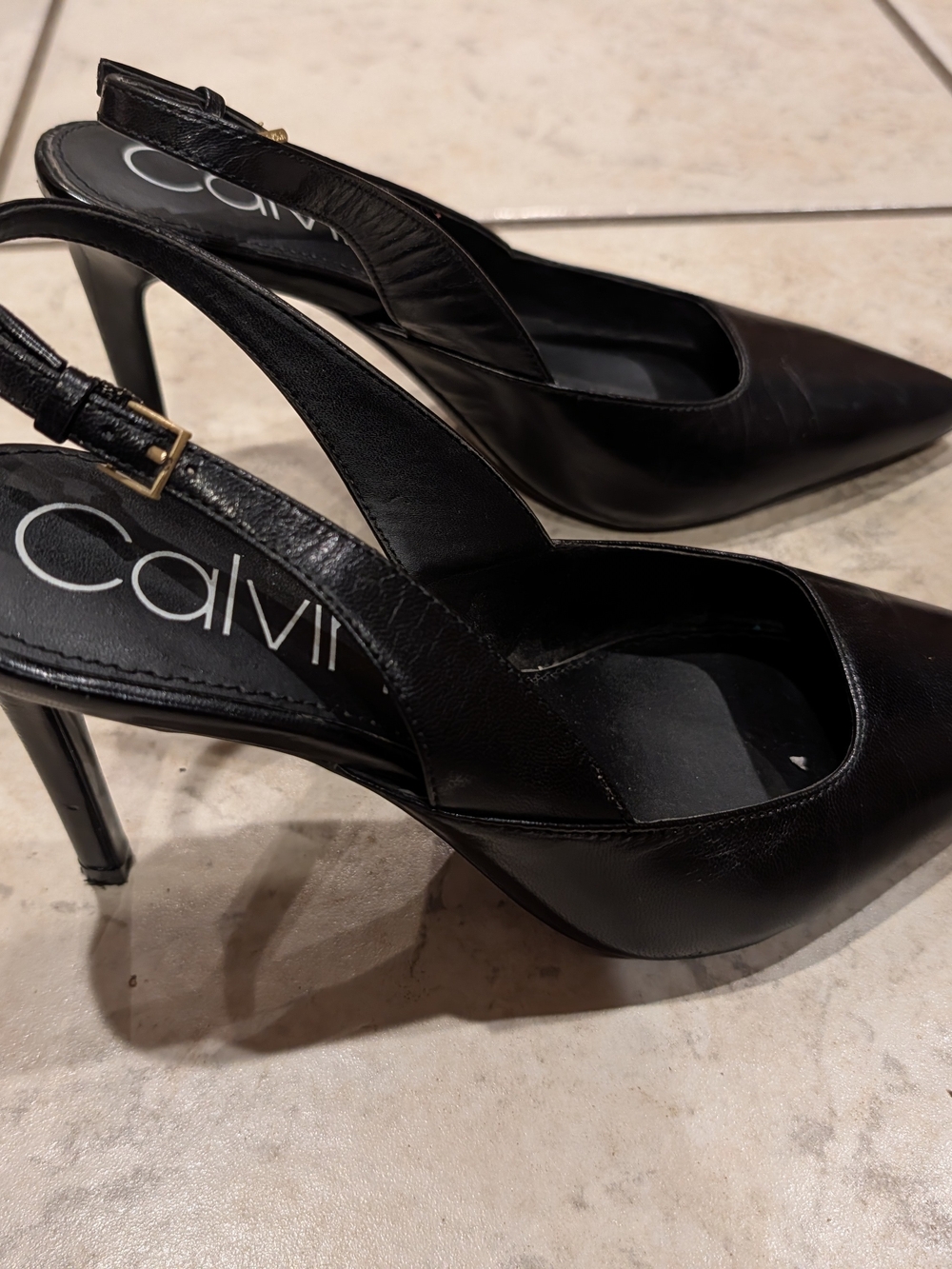 Calvin Klein Black Leather Slingback Pointed-Toe Heels - Picture 3 of 6